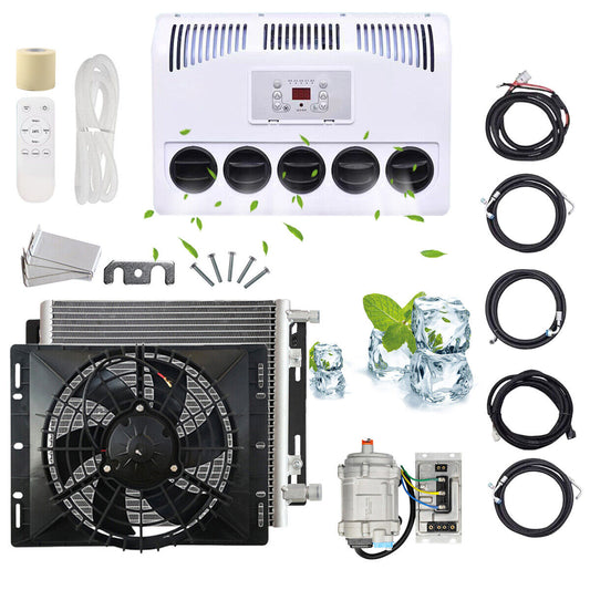 11000 BTU 12V Air Conditioner Split A/C Kit Fits Truck Cab Semi Trucks Bus RV Compressor and condenser can be mounted flat